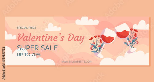 St. Valentines Day horizontal Super Sale banner template design. Two glass of wine with flowers behind it on beige back white clounds. Special Price online shopping