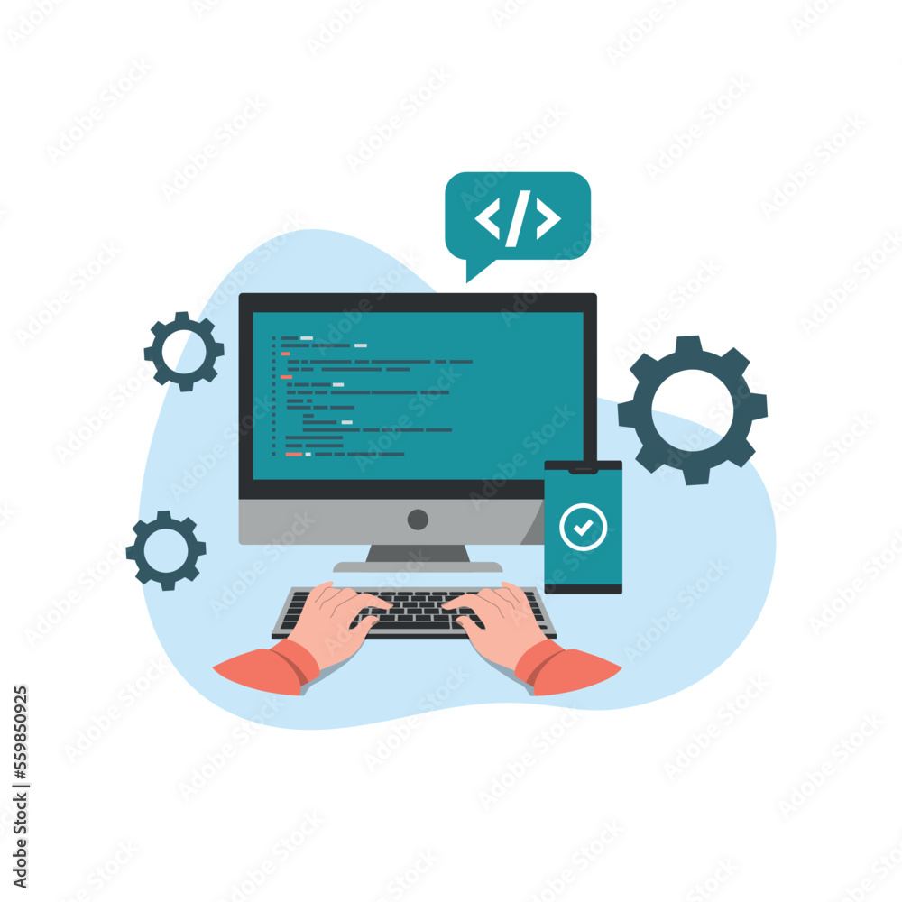 Coding and programming software on laptop computer screen concept vector. flat design. vector illustration Coding and programming software on laptop computer screen concept vector. flat design. vector illustration