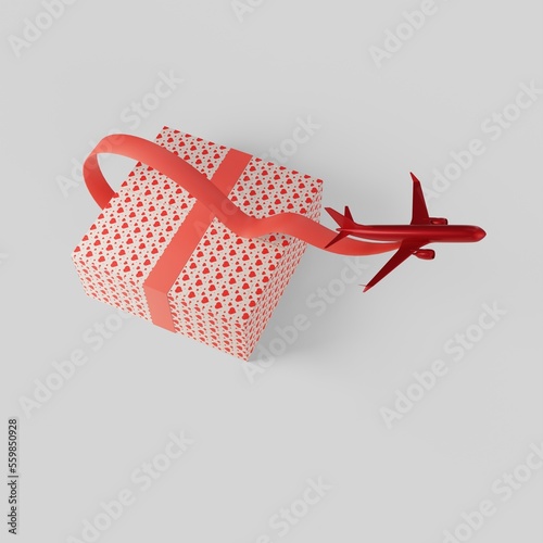 Stylized illustration on the topic of air delivery of goods and gifts. Airplane and satin ribbon.  3D rendering.