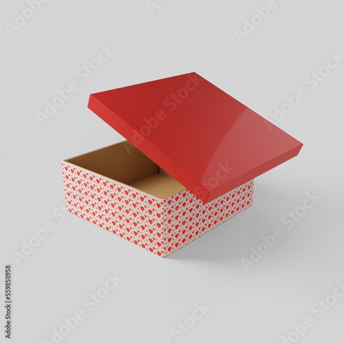 Holiday box template with red lid. An empty box, like a template for a designer. 3D rendering.