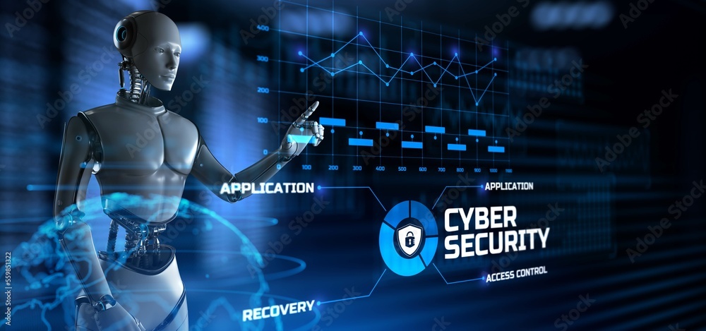 Cyber security Data Protection Antivirus technology concept. Robot pressing button on screen 3d render. Cyber security Data Protection Antivirus technology concept. Robot pressing button on screen 3d render.
