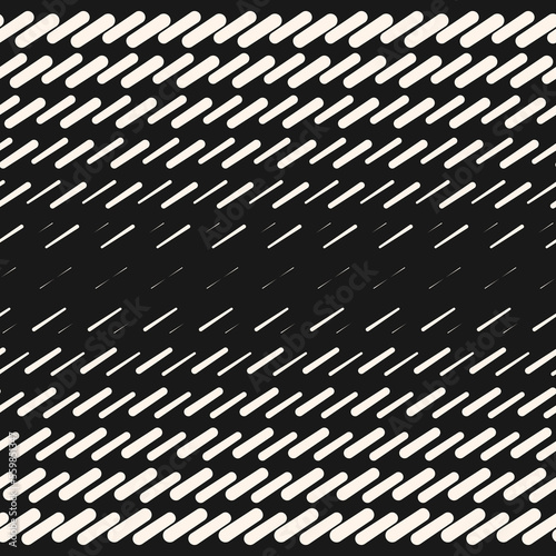 Vector geometric halftone seamless pattern with diagonal dash lines, fading stripes, rain drops. Extreme sport style background, urban art. Abstract black and white texture. Monochrome repeat design