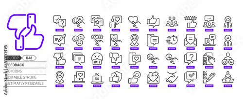 Review related, pixel perfect, editable stroke, up scalable, line, vector bloop icon set.