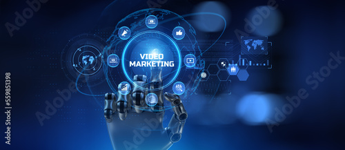 Video marketing internet advertising concept. Robot hand pressing virtual button 3d render.