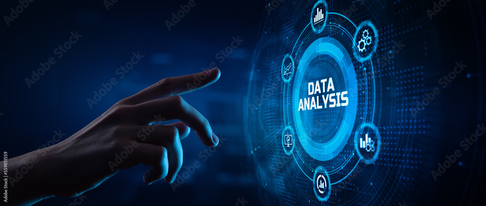 Data analysis analytics BI Business intelligence concept. Hand pressing button on screen.