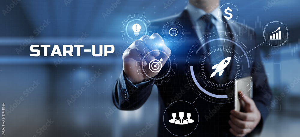 Startup new business idea. Businessman pressing button on screen. Startup new business idea. Businessman pressing button on screen.