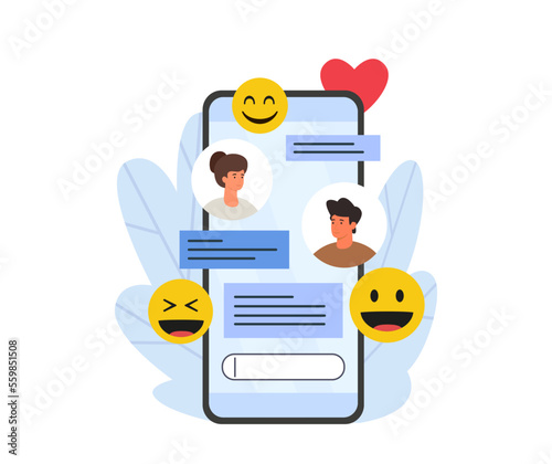 Young people chatting and texting. Online date app and virtual relationship. Flat vector illustration.