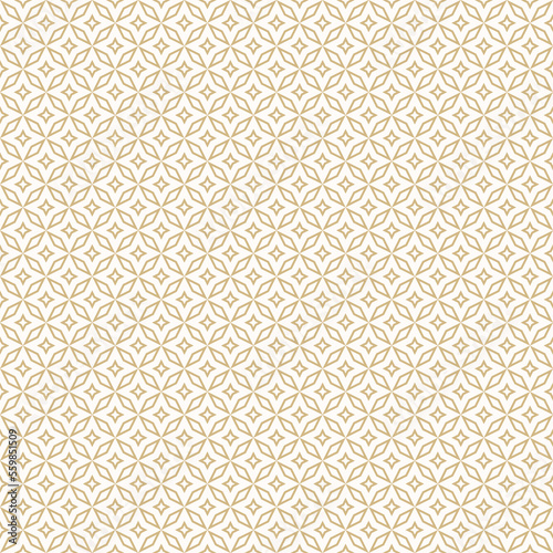 Vector geometric seamless pattern. Abstract elegant gold and white ornament texture with lines, floral shapes, stars, grid, diamonds, repeat tiles. Golden abstract ornamental repeating background