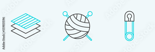 Set line Classic closed steel safety pin, Textile fabric roll and Yarn ball with knitting needles icon. Vector