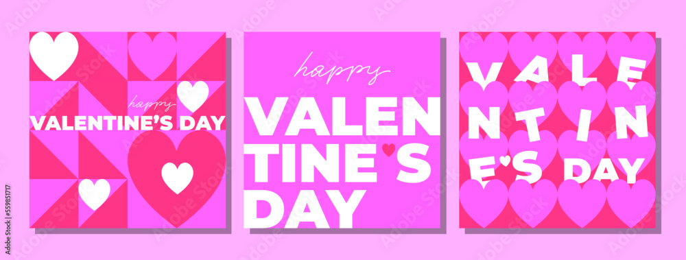 Set of Happy Valentine's day banners for social media, greeting cards with geometric elements, hearts, patterns, typography Set of Happy Valentine's day banners for social media, greeting cards with geometric elements, hearts, patterns, typography
