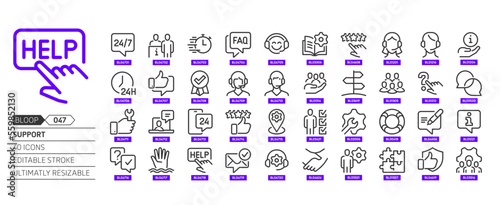Support related, pixel perfect, editable stroke, up scalable, line, vector bloop icon set.