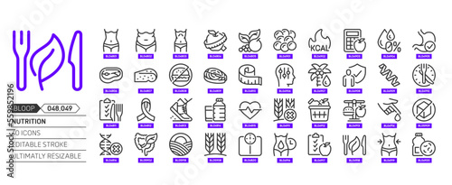 Nutrition related, pixel perfect, editable stroke, up scalable, line, vector bloop icon set.