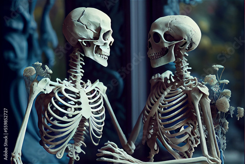 A pair of skeletons in a loving posture symbolizing love beyond the grave  generative AI