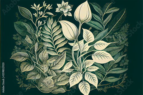 botanic print vintage style in a hand draw green and white sketch style, generative ia