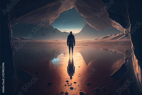 Lonely man walking towards the horizon in a desolate landscape, generative AI
