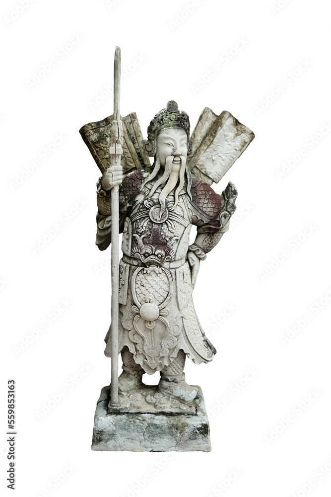 Fototapeta premium The ancient Chinese warrior statues isolated on white background. Chinese stone guardian statue in Wat Pho temple in Bangkok, Thailand. 