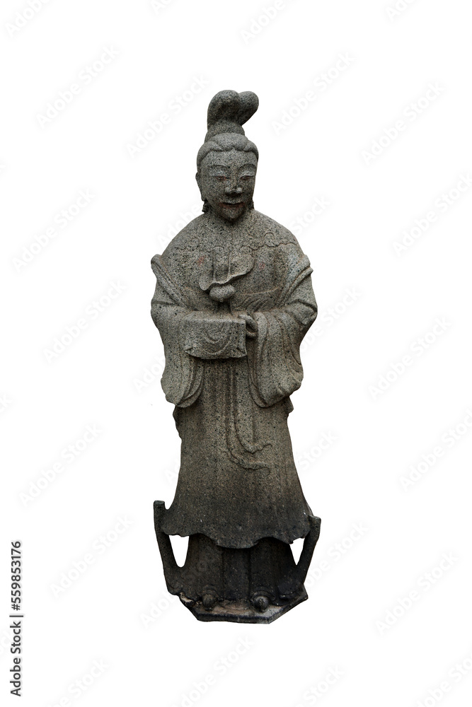Granite carved antique Chinese woman figure isolated on white background. Ancient Stone Chinese woman sculpture in Wat Pho temple in Bangkok, Thailand. 