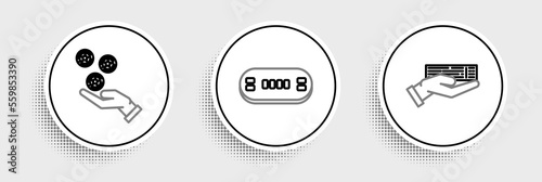 Set line Hand holding deck of playing cards, casino chips and Poker table icon. Vector