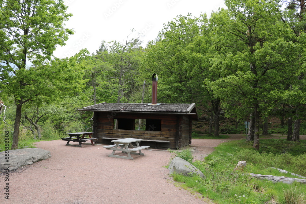 Picknick hut at lake Lilla Delsjön in Delsjöområdets naturreservat, Gothenburg Sweden