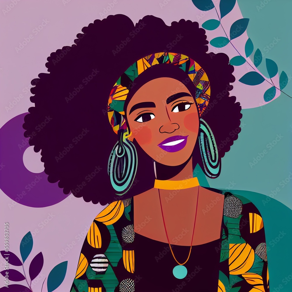 afro hair girl with earring, women with power with happy face afro hair girl with earring, women with power with happy face