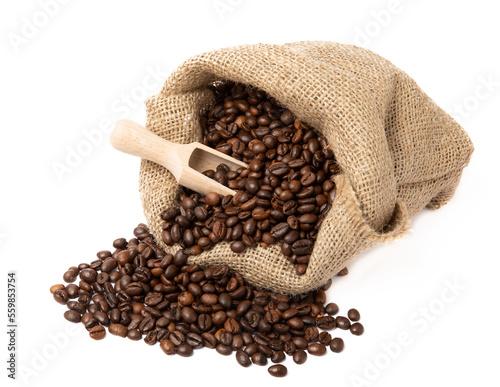 Coffee beans in burlap bag isolated on white background