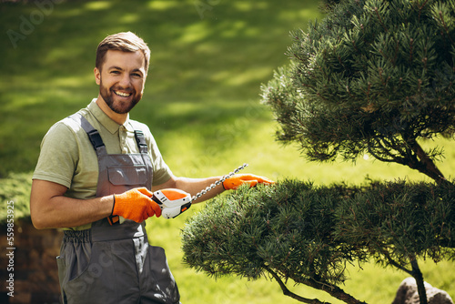 Garden worker trimming trees with scissors in the yard photo