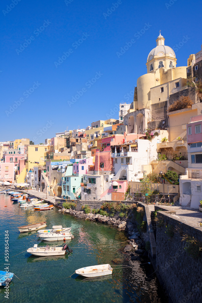 Procida island colorful town with harbor, Italy
