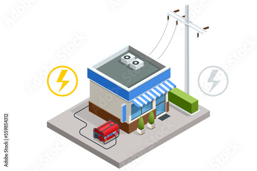 Isometric Small portable gasoline electric generator outside a store. industrial and home immovable power generator