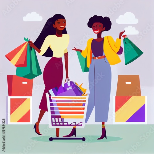 Female couple with bags, African women enjoy shopping in supermarkets and mall © DurffeeMill