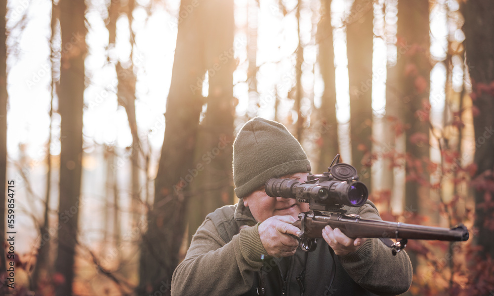 Fototapeta premium Autumn hunting season, hunter with rifle looking out for some wild animal in a wood or forest, outdoor sports concept