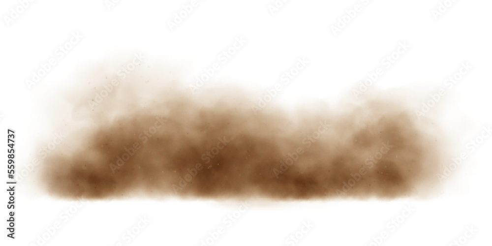 Sand cloud, sandstorm, dirty dust or brown smoke. Heavy thick smog effect isilated on white background. Realistic vector illustration