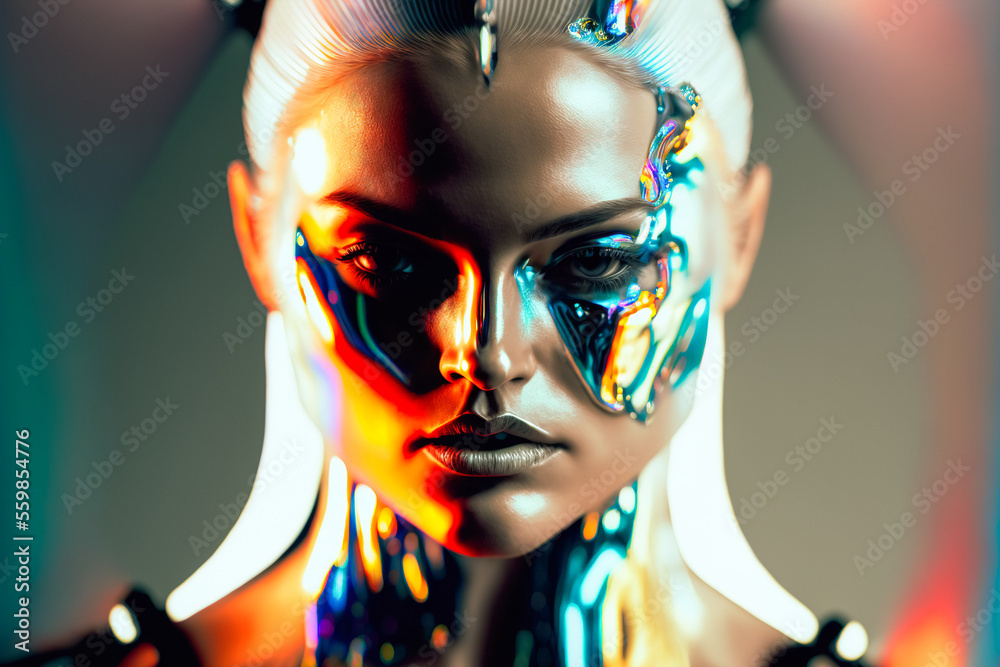 Fashion model girl portrait with colorful chromatic paint on face, generative ai