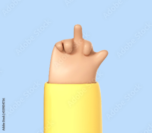 3D cartoon hand shows the middle finger isolated on blue background. Aggressive gesture for insulting or showing protest. Vector 3d illustration