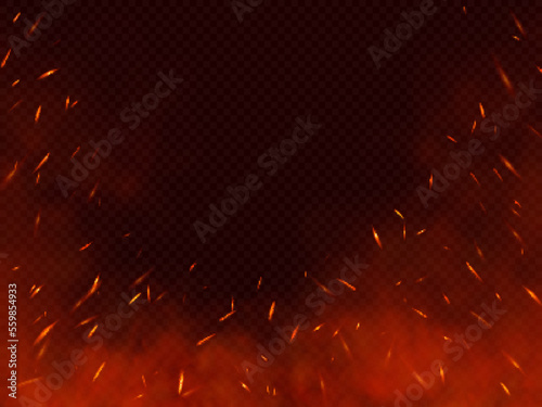 Realistic fire sparks on transparent background. Vector illustration of burning particles and smoke