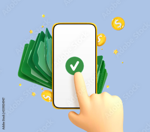 3D cartoon finger touching screen of smartphone with coins and dollar bills. Online payment concept. Mobile wallet application. Banking app. Transfer money via smartphone. Vector 3d illustration
