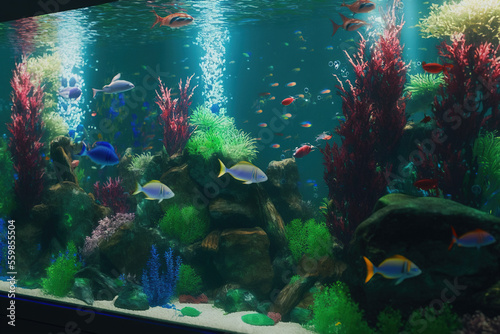 Colorful Freshwater fish in big planted aquarium, Generative AI © Luise