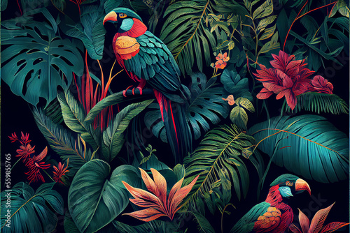 Fotografia Tropical exotic pattern with parrots and flowers in bright colors, generative AI