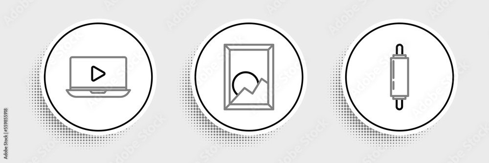 Set line Rolling pin, Online play video and Picture landscape icon. Vector Set line Rolling pin, Online play video and Picture landscape icon. Vector