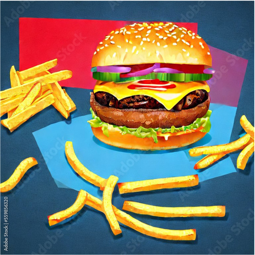 vector illustration cheeseburger and hotdogs with french fries with pastell background