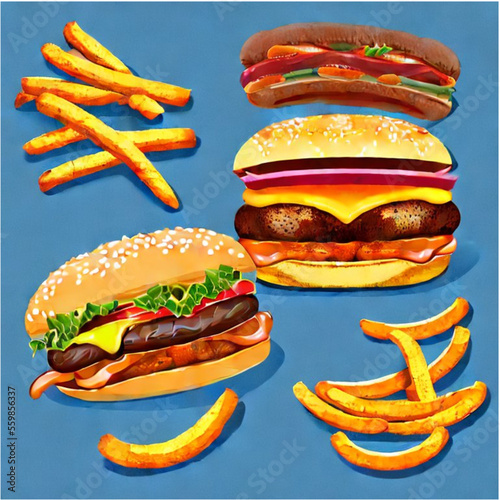 vector illustration cheeseburger and hotdogs with french fries with pastell background