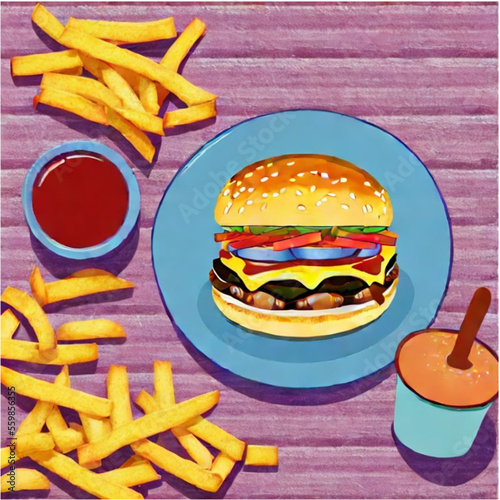 vector illustration cheeseburger and hotdogs with french fries with pastell background