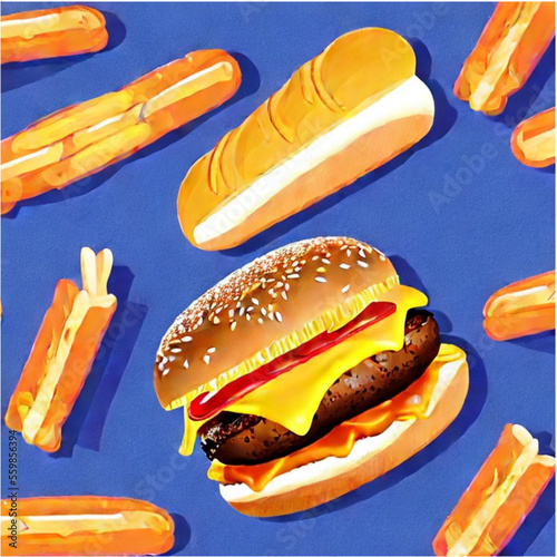 vector illustration cheeseburger and hotdogs with french fries with pastell background