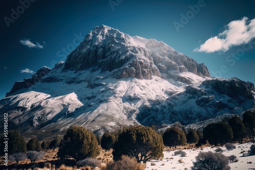 stunning snow-capped peak of Spain's Penalara on a bright winter's day. Generative AI photo