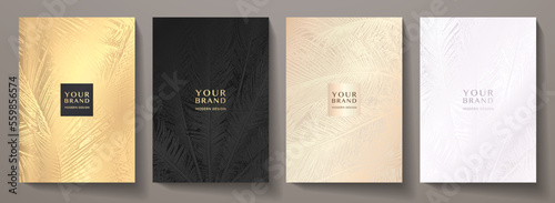 Tropical cover design set with palm leaf pattern (silver, black, gold palm tree leaves). Premium vector background useful for brochure template, exotic restaurant menu, invitation