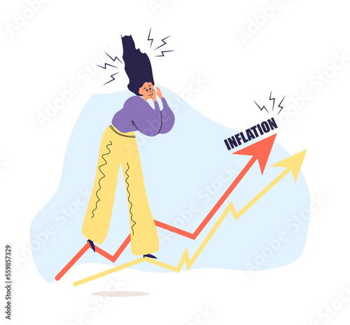 Inflation. Woman Scary of Inflation. Arrows are going up. Vector illustration for Web Banner, Infographics, Mobile