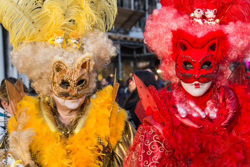 Fototapeta Naklejka Na Ścianę i Meble -  ritratto orizontale di due maschere di felino. vestiti vaporosi, giallo e rosso