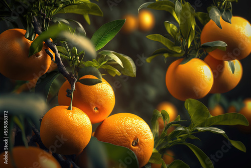 Organic orange garden fruit orchard background. Close up. Generative AI