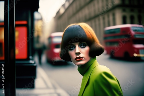 Candid portrait of a fashionable woman in 1969 London with red lips, colorful hues, retro, vintage, generative ai
 photo