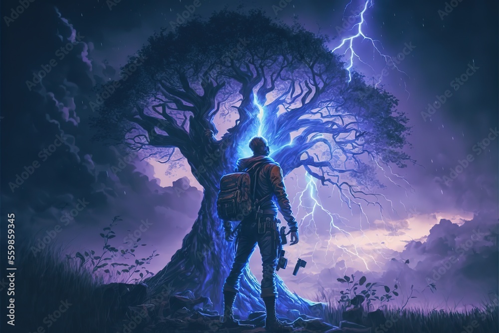 A man looks at lightning on the background of a giant tree