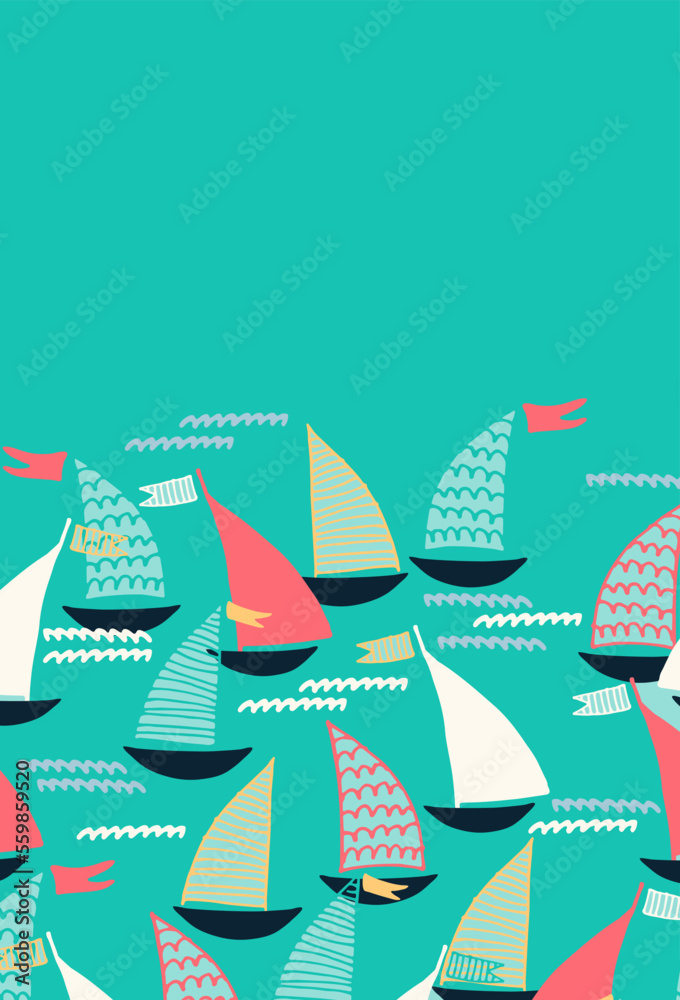 Background with hand drawn sailing boats and waves on blue background for surface design and other design projects. Sailing and fishing concept Background with hand drawn sailing boats and waves on blue background for surface design and other design projects. Sailing and fishing concept
